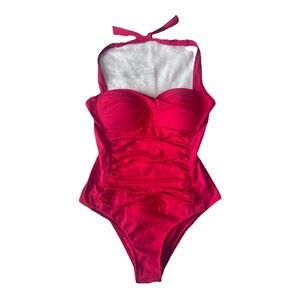 Liz Claiborne One Piece Swimsuit Size 8 Women's Ruched Red Halter Top Soft Cup